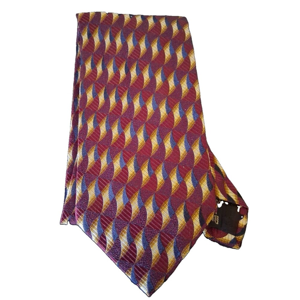 Emermengildo Zegna Men's Tie Necktie 100% Italian Silk Blue/Red/Gold Geometric